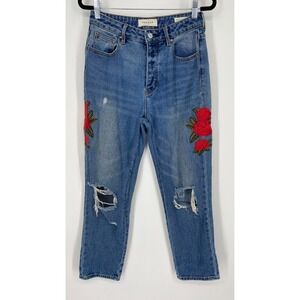 PacSun Floral Embroidered Mom Jeans Womens 26 High Rise Ankle Denim Cotton Blue